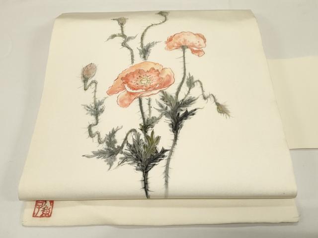 平和屋着物●塩瀬　九寸名古屋帯　作家物　手描き　草花文　正絹　逸品　CABE3649dy