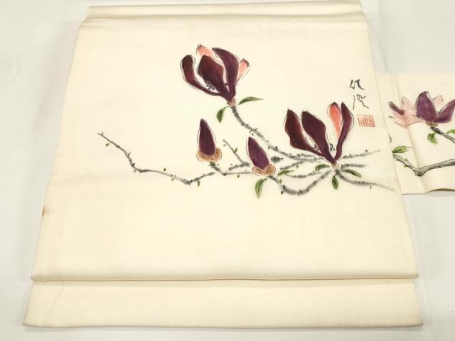平和屋着物●塩瀬　九寸名古屋帯　作家物　手描き　草花文　正絹　逸品　CABE3669dy