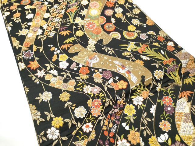平和屋着物○六通柄袋帯 唐織 飛鶴草花文 黒地 金糸 正絹 逸品 