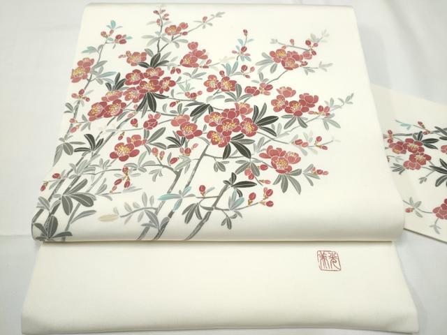 【作家物】正絹 塩瀬 名古屋帯 手描き 木蓮に鳥 落款有り 白地 高級帯 平和屋着物◎塩瀬 九寸名古屋帯 手描き 枝花文 正絹 逸品 CABC8842fb