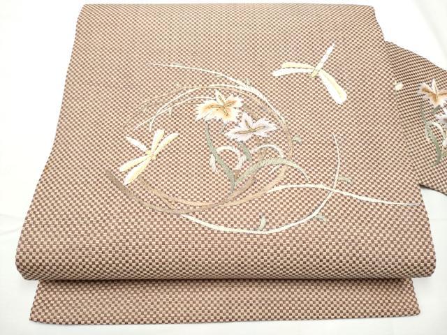 平和屋着物●九寸名古屋帯　総刺繍　トンボ　花丸文　金糸　正絹　逸品　CABE4545hy