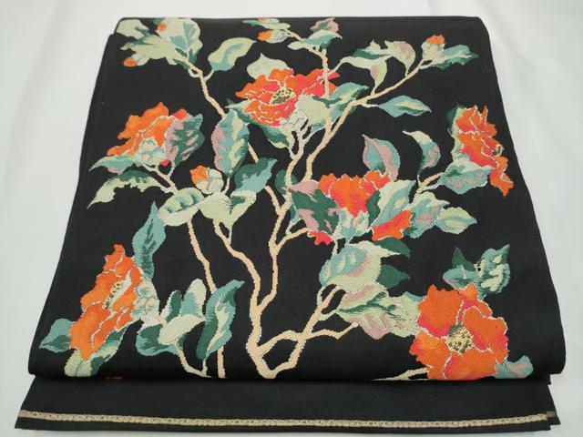 平和屋着物●洛風林　工芸帯地　六通柄　本袋帯　作家物　枝花文　黒地　金糸　正絹　逸品　CABE4728hy