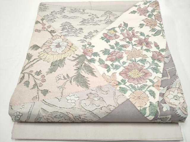 平和屋着物○太鼓柄袋帯 すくい織 切嵌草花文 金糸 正絹 逸品 