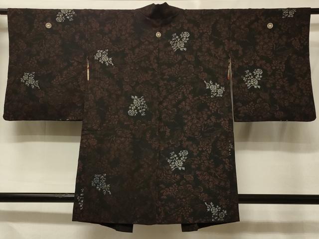 平和屋着物＃羽織　草花文　黒地　銀糸　正絹　逸品　CABE5340in