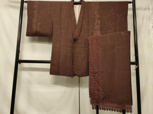 平和屋着物＃道中着　幾何学地紋　赤褐色　さが美扱い　ショール付き　ロング丈　正絹　逸品　CABE5341in