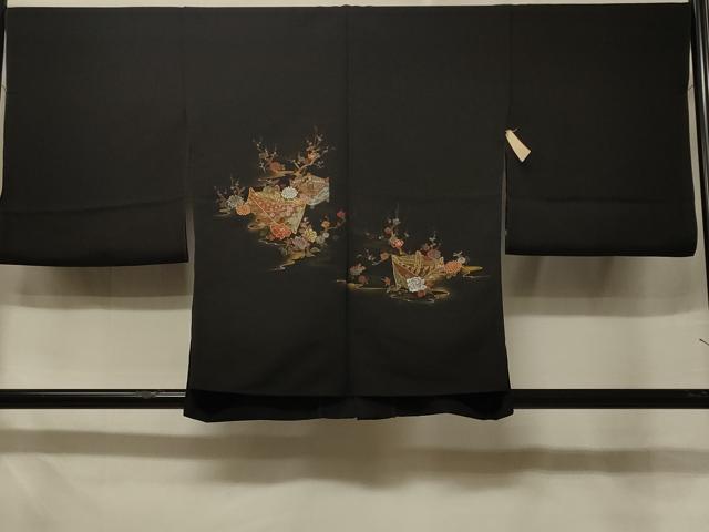 平和屋着物＃羽織　仮絵羽　寿光織　糸巻き草花文　黒地　金銀糸　正絹　逸品　未使用　CABE5357in