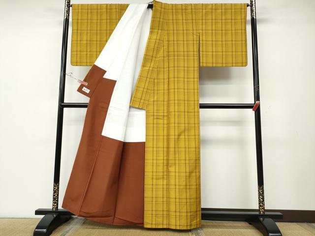 平和屋着物●本場黄八丈　平織　紬　格子柄　やまと誂製　正絹　逸品　CABE6834ut_2