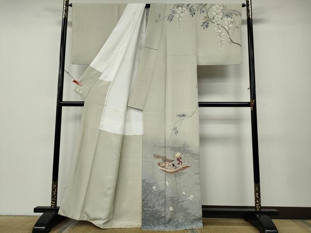 平和屋着物●訪問着　友禅　作家物　人物舟花文　たたき染め　正絹　逸品　CABE6875ut_1