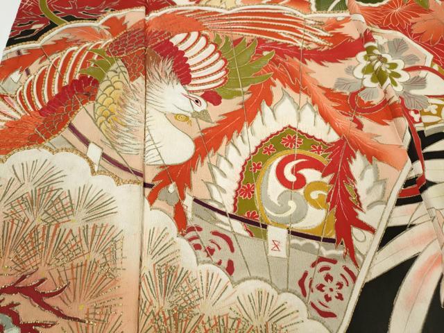 平和屋本店○アンティーク 大正ロマン 振袖 刺繍 檜扇鳳凰草花文 金彩
