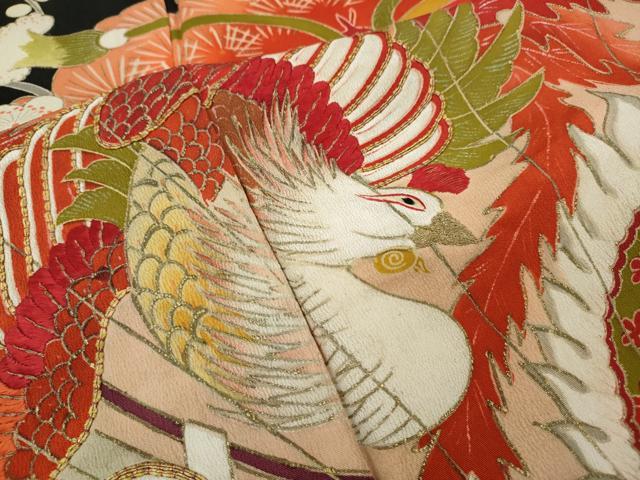 平和屋本店○アンティーク 大正ロマン 振袖 刺繍 檜扇鳳凰草花文 金彩