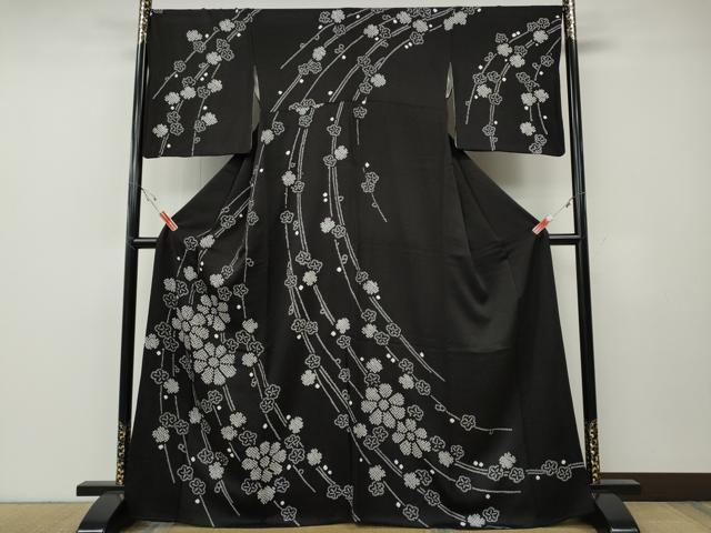 平和屋着物●訪問着　総絞り　枝花文　黒地　正絹　逸品　CABE7057ut