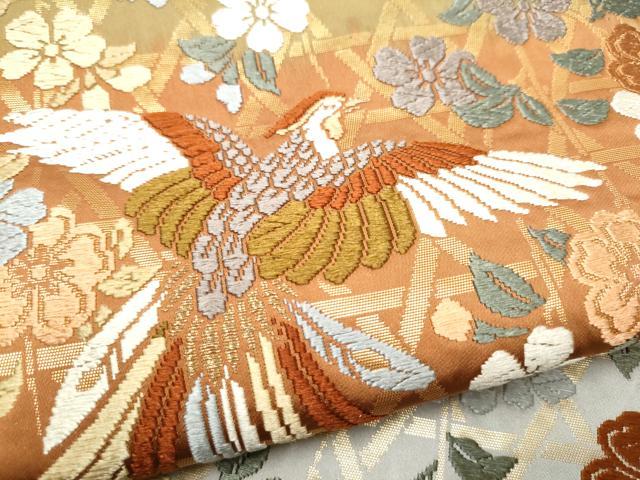 ​【美品】正絹 六通柄 袋帯 唐織 鳳凰花絵皿文 金糸 逸品 訪問着 留袖 平和屋着物○六通柄袋帯 唐織 鳳凰糸巻き花文 金糸 正絹 逸品