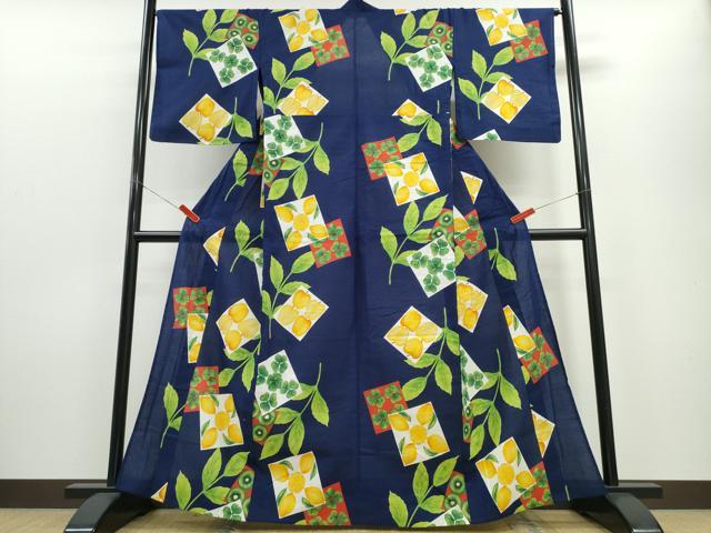平和屋着物∴夏物　浴衣　檸檬　リンゴ　クローバー　色紙草花文　綿　逸品　CABE8910ng_1