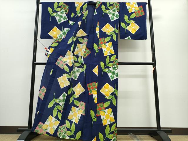 平和屋着物∴夏物　浴衣　檸檬　リンゴ　クローバー　色紙草花文　綿　逸品　CABE8910ng_2