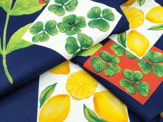 平和屋着物∴夏物　浴衣　檸檬　リンゴ　クローバー　色紙草花文　綿　逸品　CABE8910ng