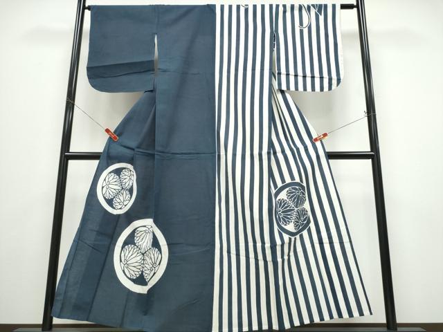 平和屋着物∴夏物　浴衣　注染　手縫い　家紋柄　片身替わり　日本製　綿　逸品　CABE8978ng