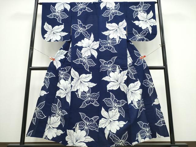 平和屋着物∴夏物　浴衣　藍　注染　手染め　手縫い　舞葉文　日本製　綿　逸品　CABE8979ng