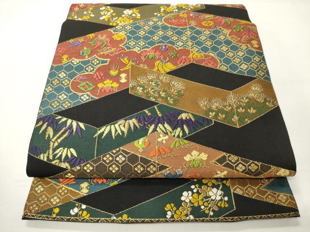 平和屋着物●河崎工房　河崎晴生　六通柄　本袋帯　唐織　宝寿重文　黒地　金糸　正絹　逸品　未使用　CABF0328ak 33,800円