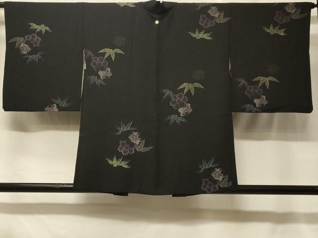 平和屋着物＃羽織　寿光織　草花文　黒地　正絹　逸品　CABF1557in