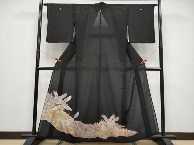 平和屋着物＊夏物　黒留袖　絽　刺繍　飛鶴草花文　金彩　洗える着物　CABF2646tx