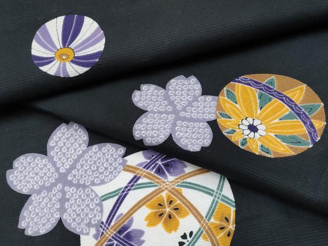 平和屋着物∴夏物　浴衣　鞠花文　黒地　日本製　綿　逸品　CABF2716tx