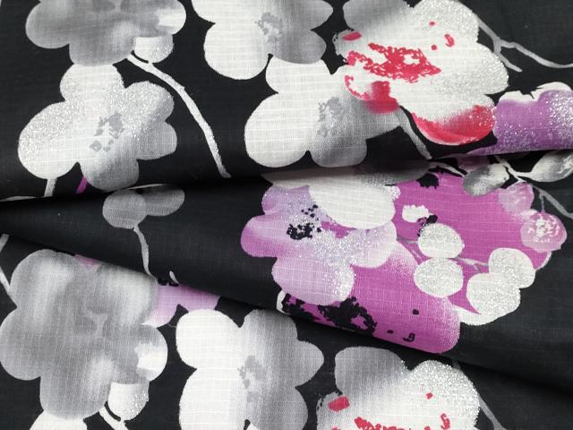 平和屋着物∴夏物　浴衣　JUN　AMI　MISAKO　綿紅梅　枝花文　黒地　銀彩　綿　逸品　未使用　CABF2723tx