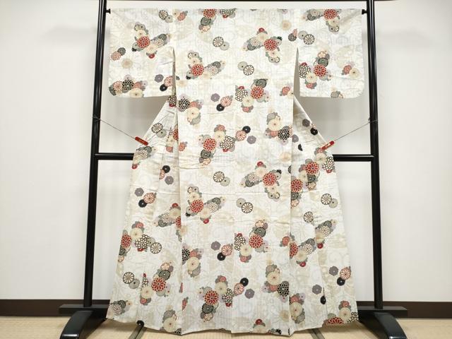 平和屋着物∴夏物　浴衣　花蝶文　生成り色　綿　逸品　CABF2726tx