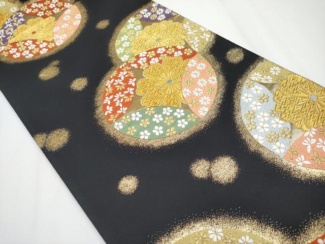 平和屋着物○西陣 高島織物謹製 六通柄袋帯 唐織 七宝花文 黒地 金糸 