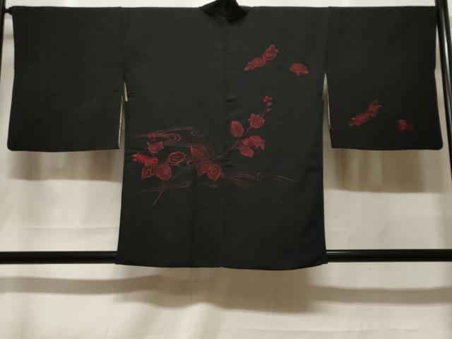 平和屋着物＃羽織　総刺繍　流水枝花文　黒地　正絹　逸品　CABF3941ev