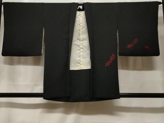 平和屋着物＃羽織　総刺繍　流水枝花文　黒地　正絹　逸品　CABF3941ev