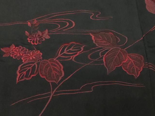平和屋着物＃羽織　総刺繍　流水枝花文　黒地　正絹　逸品　CABF3941ev