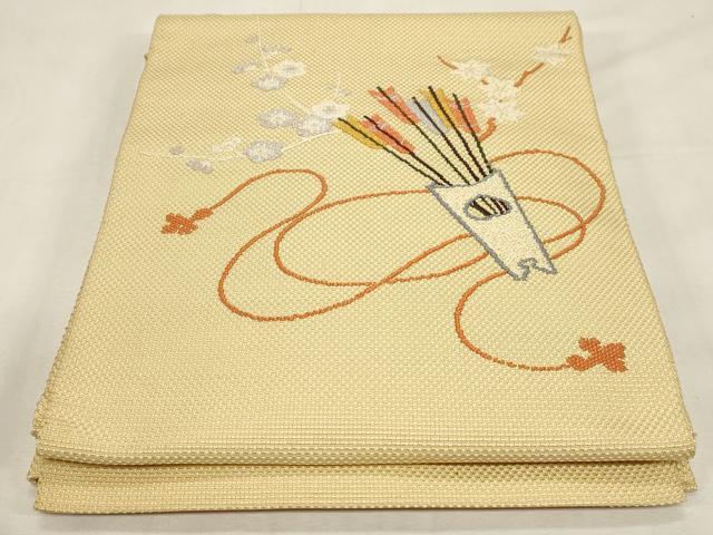 平和屋着物●八寸名古屋帯　刺繍　花籠矢羽文　正絹　逸品　CABF6336dy