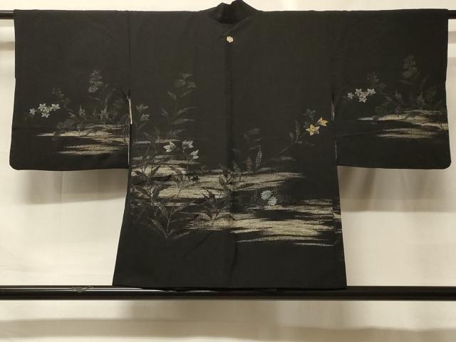 平和屋着物＃羽織　寿光織　霞枝花文　黒地　銀糸　正絹　逸品　CABF9151in