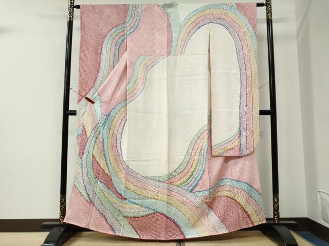 平和屋着物●豪華振袖　総絞り　よろけ縞　正絹　逸品　CABG0032yc