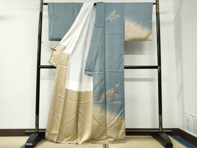 平和屋着物●訪問着　刺繍　飛鶴浜松籬草花文　暈し染め　金彩　正絹　逸品　CABG0221yc_1
