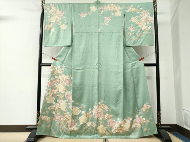 平和屋着物●訪問着　駒刺繍　扇面草花文　金彩　正絹　逸品　CABG0412yc
