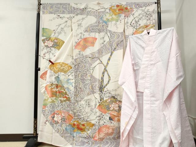 平和屋着物●豪華振袖・長襦袢セット　駒刺繍　地紙流水花文　金彩　正絹　逸品　CABG0832yc