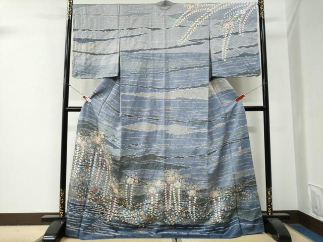 平和屋着物●越後十日町の一流染匠　桐屋・翠山工房 訪問着 辻が花 絞り 暈し染め 銀通し地 ロング丈 正絹 逸品 未使用 CABG0856yc