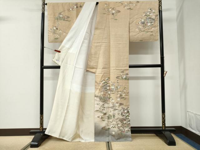 平和屋着物●訪問着　紬地　作家物　松竹梅風景文　正絹　逸品　未使用　CABG1111yc_1