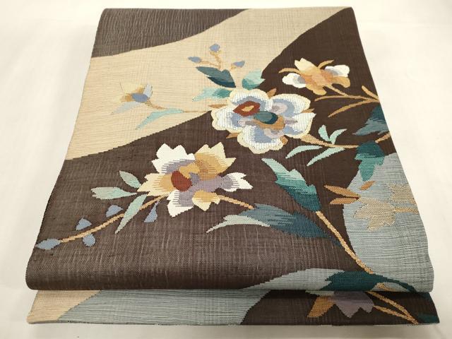 平和屋着物●両面　六通柄袋帯　すくい織　草花文　金糸　正絹　逸品　CABG2844dy 17,082円