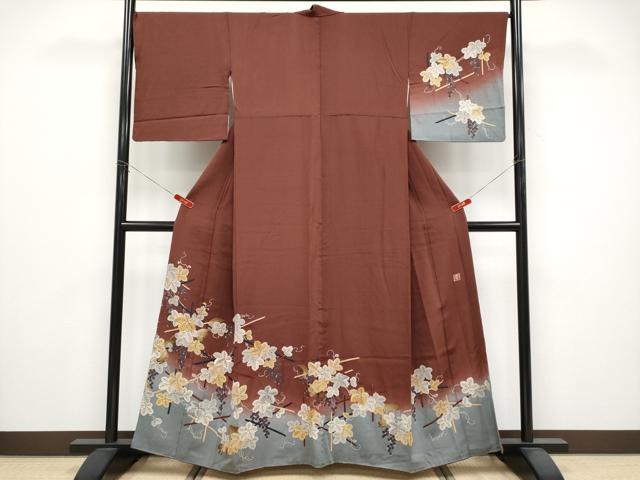 平和屋着物●ファッションデザイナー 花井幸子　訪問着　刺繍　リス　葡萄蔦の葉文　暈し染め　正絹　逸品　CABG3340tx