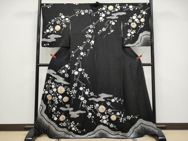 平和屋着物●訪問着　絞り　刺繍　枝垂れ花文　黒地　金彩　正絹　逸品　CABG3387tx