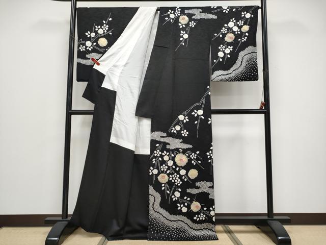 平和屋着物●訪問着　絞り　刺繍　枝垂れ花文　黒地　金彩　正絹　逸品　CABG3387tx_1