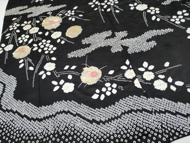 平和屋着物●訪問着　絞り　刺繍　枝垂れ花文　黒地　金彩　正絹　逸品　CABG3387tx_3