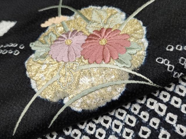 平和屋着物●訪問着　絞り　刺繍　枝垂れ花文　黒地　金彩　正絹　逸品　CABG3387tx_5