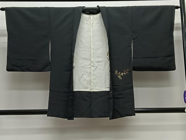 平和屋着物＃羽織　寿光織　枝梅文　黒地　金糸　正絹　逸品　CABG3615ua