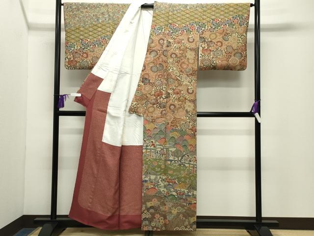 平和屋着物●訪問着　型染め　飛鶴人物風景花文　正絹　逸品　CABG4525gh_1