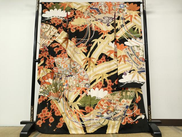 平和屋本店●アンティーク　大正ロマン　振袖　駒刺繍　檜扇松竹梅文　黒地　金彩　正絹　逸品　CABG5231ut