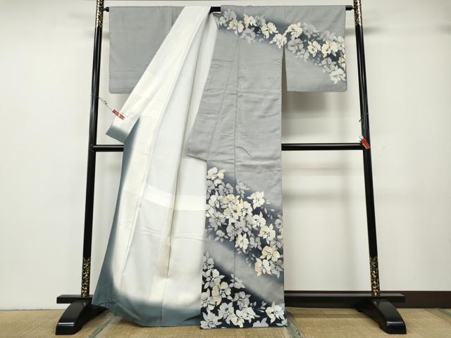 平和屋着物●五月みどりプロデュース　結城紬地　訪問着　草花文　金銀彩　正絹　逸品　CABG5281ut_1