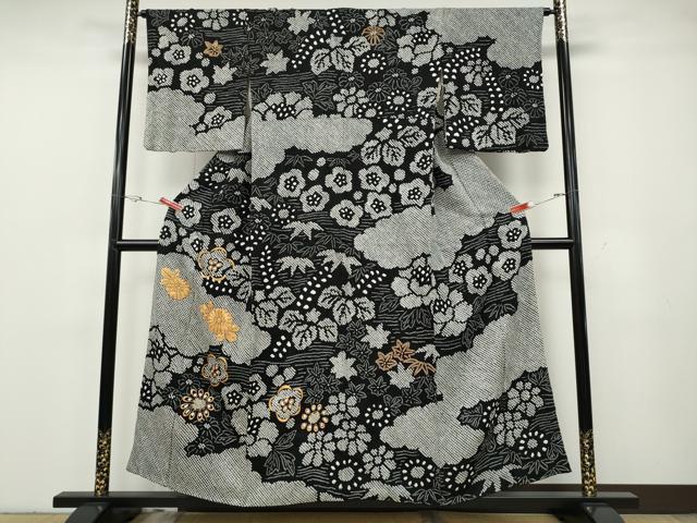 平和屋着物●訪問着　駒刺繍　絞り　雲取り草花文　黒地　正絹　逸品　CABG5432ut 42,250円